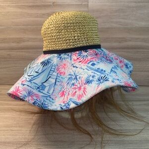 Lilly Pulitzer Tan Hat with Pink and Blue Floral Brim